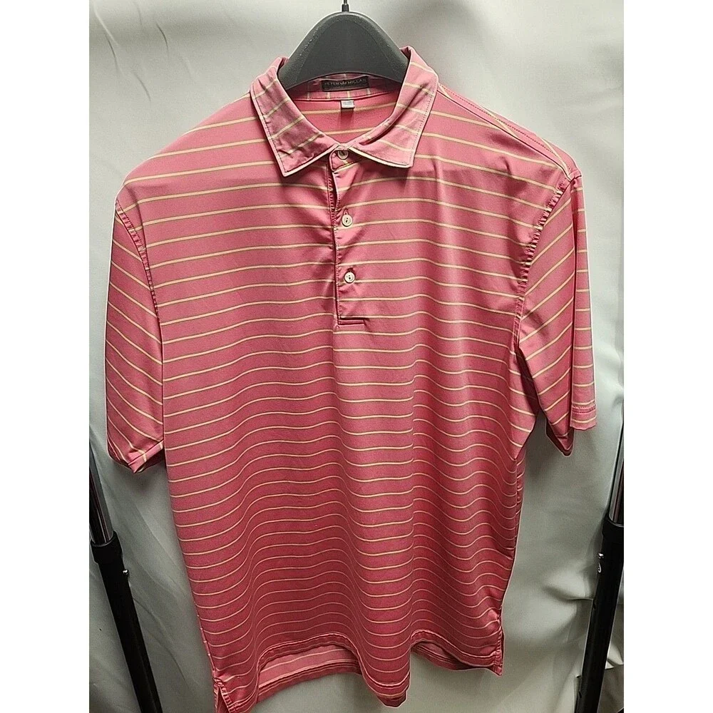 Peter Millar Shirt Men's Large Summer Comfort Pink Lime Striped Polo Golf NoLogo